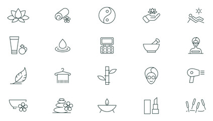 Beauty and spa icon set. Wellness, spa treatments, skincare, massage, hyaluronic acid, serum, anti ageing, pore tighten, cosmetology line icon collection. Cosmetics services and Spa icons.