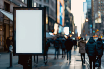 Obraz premium Blank advertising billboard on a busy city street, perfect for showcasing brand designs and marketing messages in an urban environment