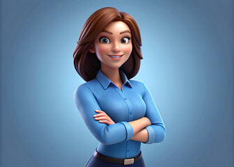 Confident businesswoman, blue shirt, stylish executive, arms crossed, gray background - obrazy, fototapety, plakaty