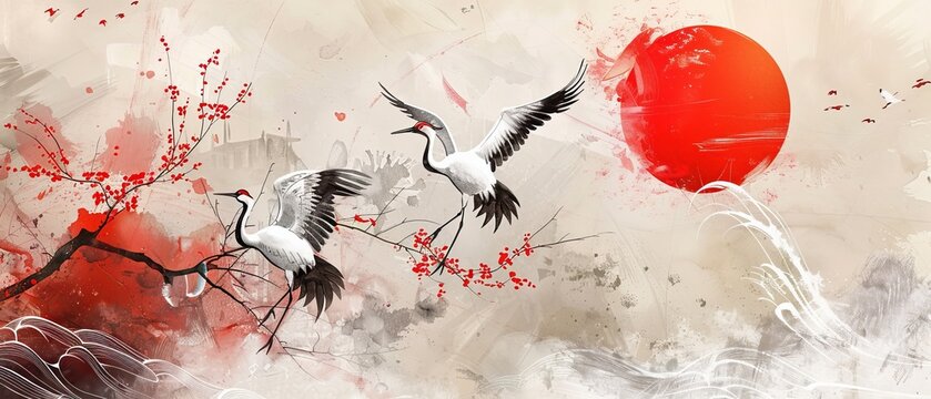 Vintage Japanese background with cranes or herons elements. Watercolor painting with abstract banner design.