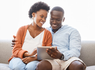 Love, social media and tablet with black couple on sofa in living room of home for browsing...