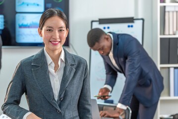 employee supervisor entrepreneur and manager smile and hand show good thumb collaboration for happy working in office company. leader colleague looking showing good thumb in meeting room.