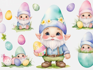 cute little gnome easter eggs Watercolor clipart pastel colors, Isolate background