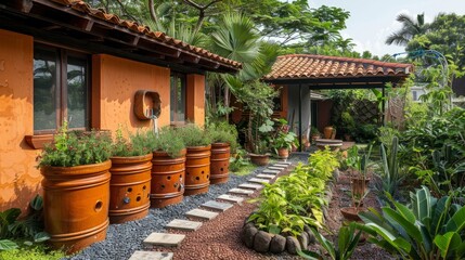 Obraz premium a beautiful garden with a stone path leading to a house