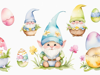 Fototapeta premium little gnome with cute easter eggs pastel colors clipart, Isolate background