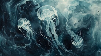 Fototapeta premium Enigmatic Jelly Creatures Pulsating Through Cosmic Void in Surreal Watercolor Painting