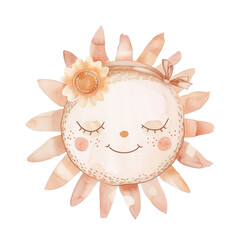 PNG cute watercolor sun, muted neutral colors, boho style, hand drawn minimalistic illustration