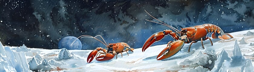 Space Lobsters Scuttle Across Icy Moons Searching for Hidden Crevices in Surreal Watercolor Painting - obrazy, fototapety, plakaty