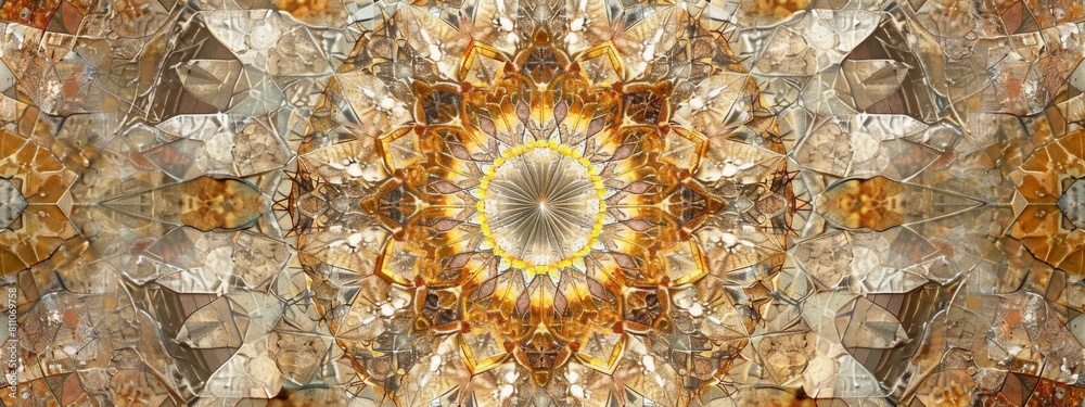 Fototapete A symmetrical kaleidoscope pattern featuring geometric shapes and warm color tones creates an abstract visual.