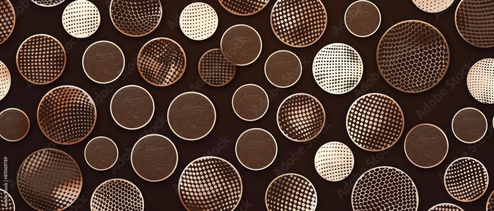Poster an illustration of a japanese circle pattern. the background is hand drawn with brown dots.