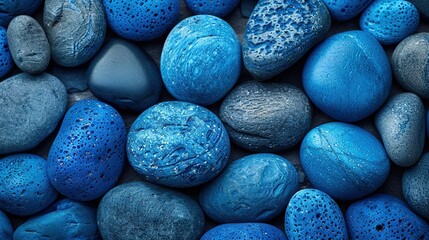   A collection of blue stones with black and white dots scattered on top