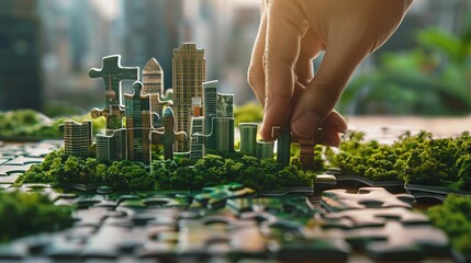 Obraz premium The world of sustainable urban planning with a picture of a jigsaw puzzle pieces connected by hand, illustrating the elements of a green cityscape, exemplifying a collaborative approach to eco-constru