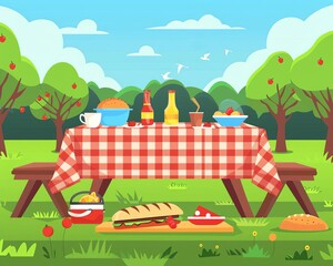 Checkered pattern picnic setup flat design side view outdoor dining theme cartoon drawing Splitcomplementary color scheme