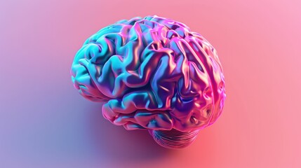 Anatomical 3D Illustration of Human Brain with Brain Word on Pink and Blue Background