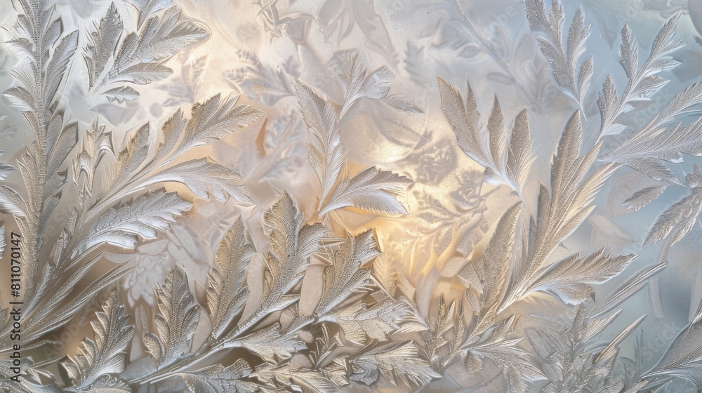 Poster Detailed view of a frosted glass window, showing the texture and blurred shapes behind it. The frost creates a soft, diffused effect on the window surface.