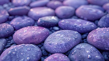   Purple rocks with water droplets and a blue sky with clouds