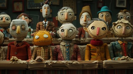 a group of puppets with different expressions on their faces. They are all sitting in a row and looking at something.