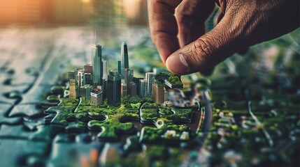 The world of sustainable urban planning with a picture of a jigsaw puzzle pieces connected by hand, illustrating the elements of a green cityscape, exemplifying a collaborative approach to eco-constru - Powered by Adobe