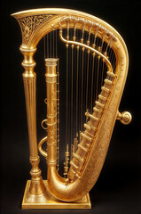 Naklejka premium A golden harp is the centerpiece of this image, standing on a black background. The harp has a elaborate design, with many strings and decorative elements.