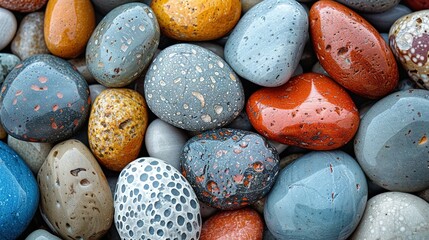   Close-up of various colored and sized rocks in the center of the image