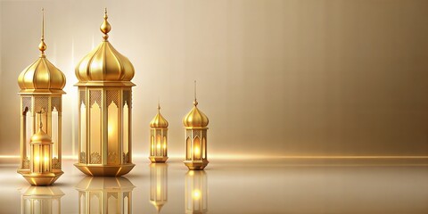 Obraz premium Traditional arabic culture symbols on golden background with text area and gold traditional islamic lanterns, perfect for ramadan, eid mubarak and eid al adha celebrations
