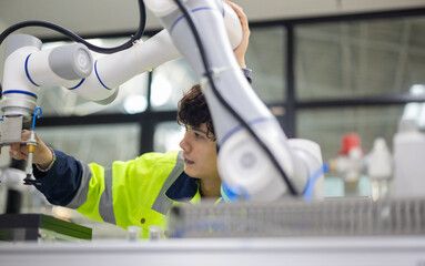 Trainees master robotics with hands-on workshops and quality control in manufacturing academy.