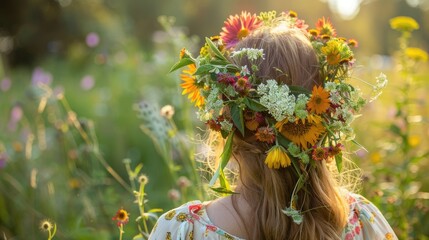 Embracing a bouquet of wild meadow flowers against a serene natural backdrop creating a floral crown that symbolizes the vibrant spirit of Summer Solstice Day This enchanting tradition inte