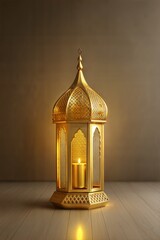 Ornate golden lantern against a background with text area, islamic traditional symbol of ramadan and eid al adha