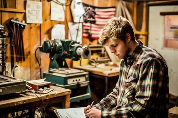 A young craftsman engrossed in planning his next project in a woodwork workshop with tools and an American flag.