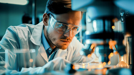 Concentrated male scientist in lab coat and goggles analyzing a sample in a modern laboratory setting.