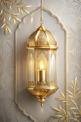Golden lantern with a lit candle hangs against an ornate backdrop with islamic patterns, for ramadan and Eid al Adha celebrations