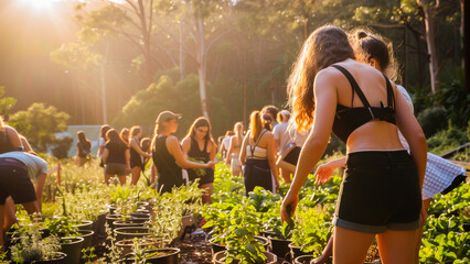 Young volunteers planting trees and working together in a community garden to promote environmental conservation and sustainability.