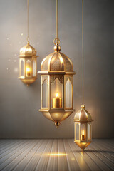 Elegant golden lanterns illuminate with a warm glow, evoking the spirit of ramadan and eid celebrations against a serene, textured backdrop suitable for islamic holidays