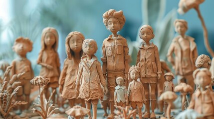 Handmade clay figures of people in various poses.