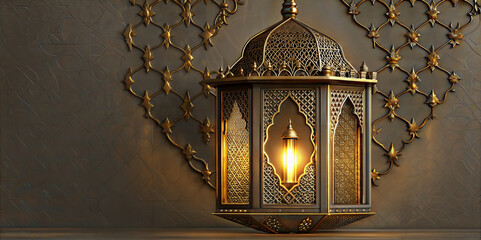 Elegant golden islamic lantern casting a warm glow against a decorative backdrop, embodying the spirit of ramadan and the festive mood of eid celebrations in a serene setting
