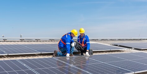 Two engineers in hard hats and safety gear inspecting solar panels on a rooftop