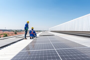 Two solar panel workers installing solar panels on a roof.
