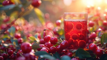   A glass filled with liquid sits atop a mound of cherries amidst a sea of green leaves and red...