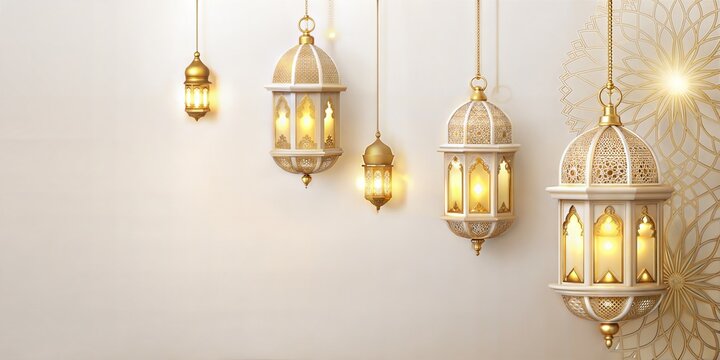 Elegant islamic traditional lanterns and lamps illuminate an ornate background with text area, perfect for celebrating ramadan and eid mubarak, islamic traditional symbol of eid al adha