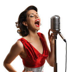 Confident and beautiful female singer with a retro microphone in front of a dark background