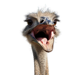 Close-up of an ostrich with its beak wide open.