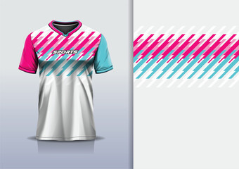 T-shirt mockup with abstract stripe line sport jersey design for football, soccer, racing, esports, running, in white pink blue color