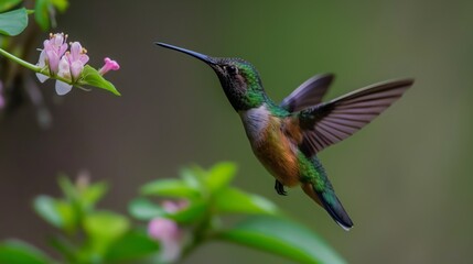 Fototapeta premium A hummingbird flying through a lush green forest