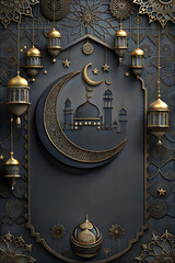 Traditional islamic culture symbols on background with text area and islamic lanterns against a crescent moon and mosque silhouette, perfect for ramadan, eid mubarak and eid al adha celebrations