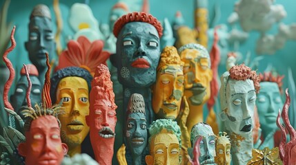 Colorful 3D sculptures of human heads with unique features and vibrant colors.