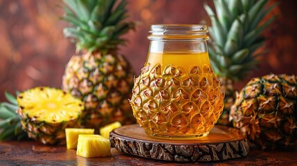   Glass jar holding honey sits beside sliced pineapples and pineapple slices on wooden cutting board - Powered by Adobe