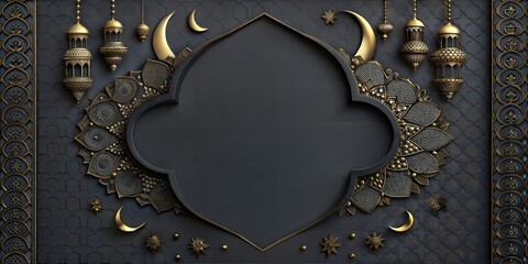 Traditional islamic culture symbols on dark background with text area and islamic lanterns against an arabic moon, perfect for ramadan, eid mubarak and eid al adha celebrations