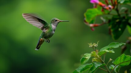 A hummingbird flying through a lush green forest