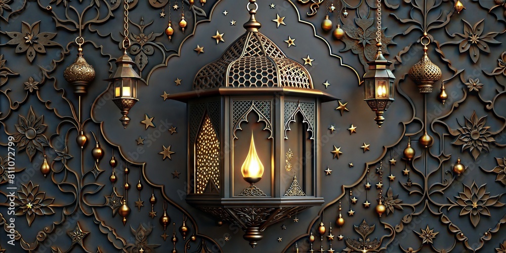 Wall mural Traditional islamic culture symbols on dark background with text area and islamic lanterns against an arabic moon, perfect for ramadan, eid mubarak and eid al adha celebrations