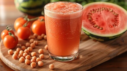   Watermelon juice and chickpeas on cutting board with watermelon slice